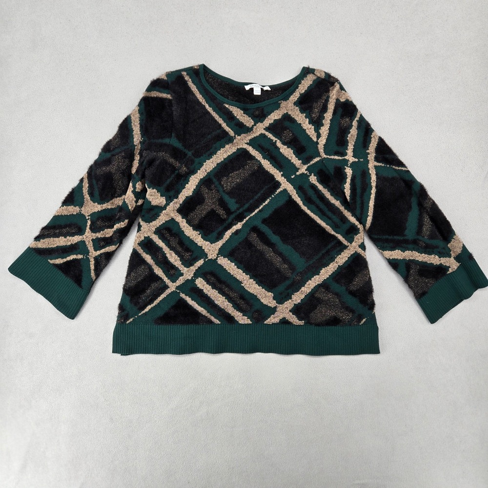 Chico's Womens 1 MEDIUM Sweater Green Black Abstract Metallic Eyelash Knit Crew